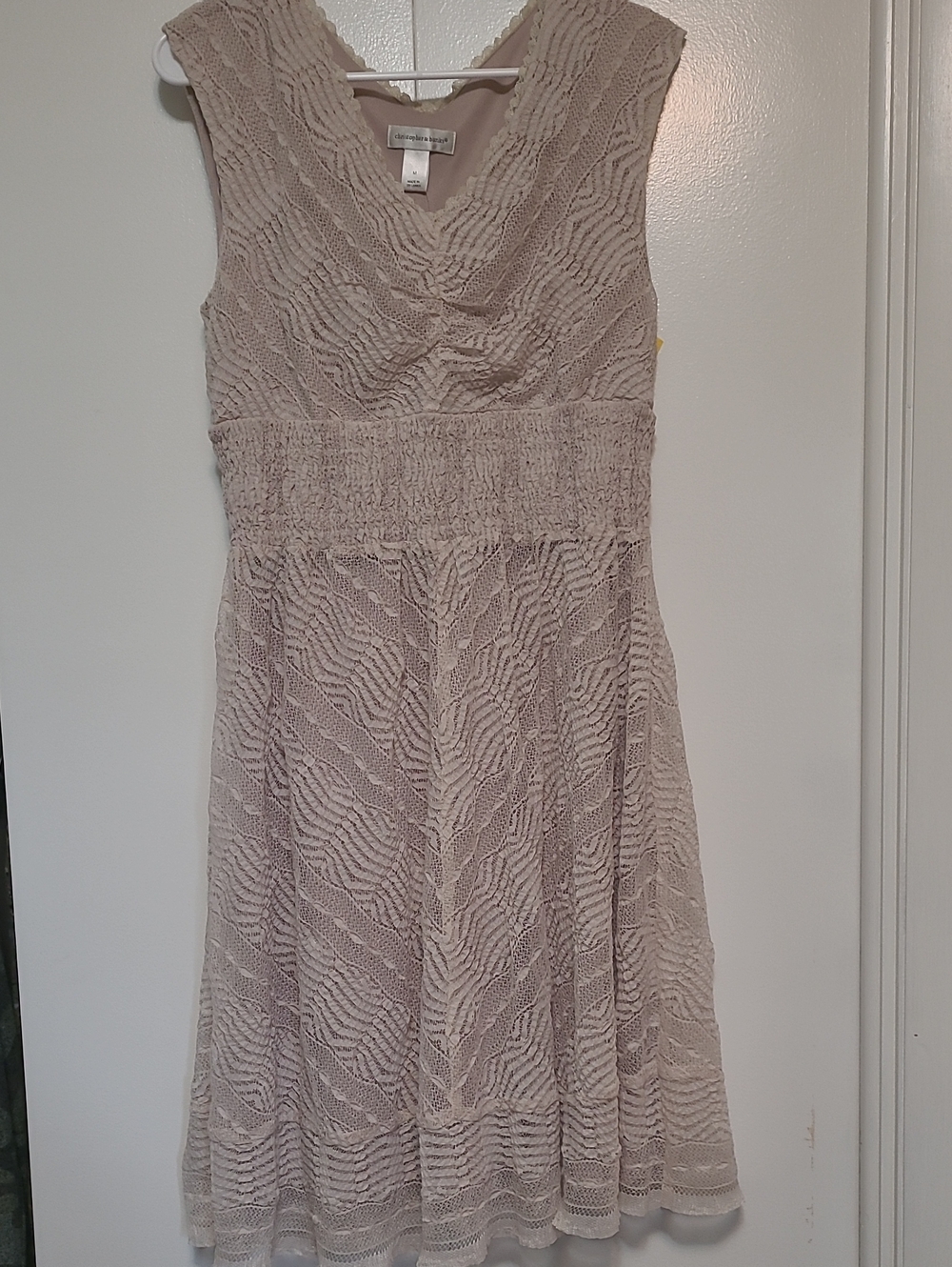 Christopher & Banks Lace V-Neck Sleeveless Dress in Soft Beige